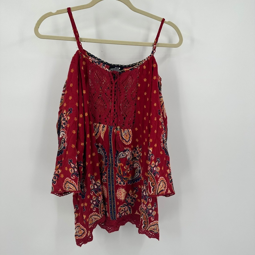 Angie Womens Boho Peasant Top Size L Cold Shoulder Festival Gypsy Southwestern
